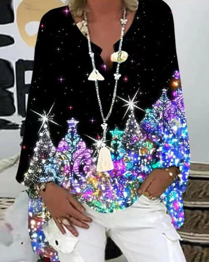 Bedrukte langarm-top met v-hals