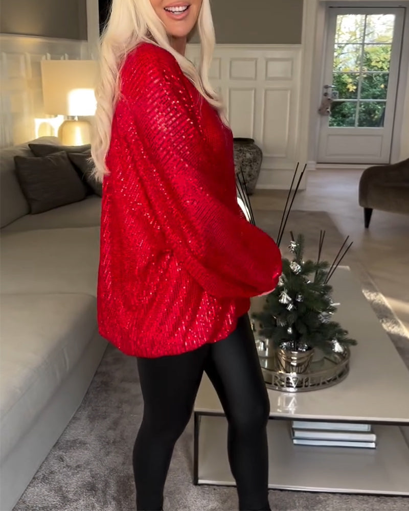 Pailletten-top met ballonmouwen en ronde hals