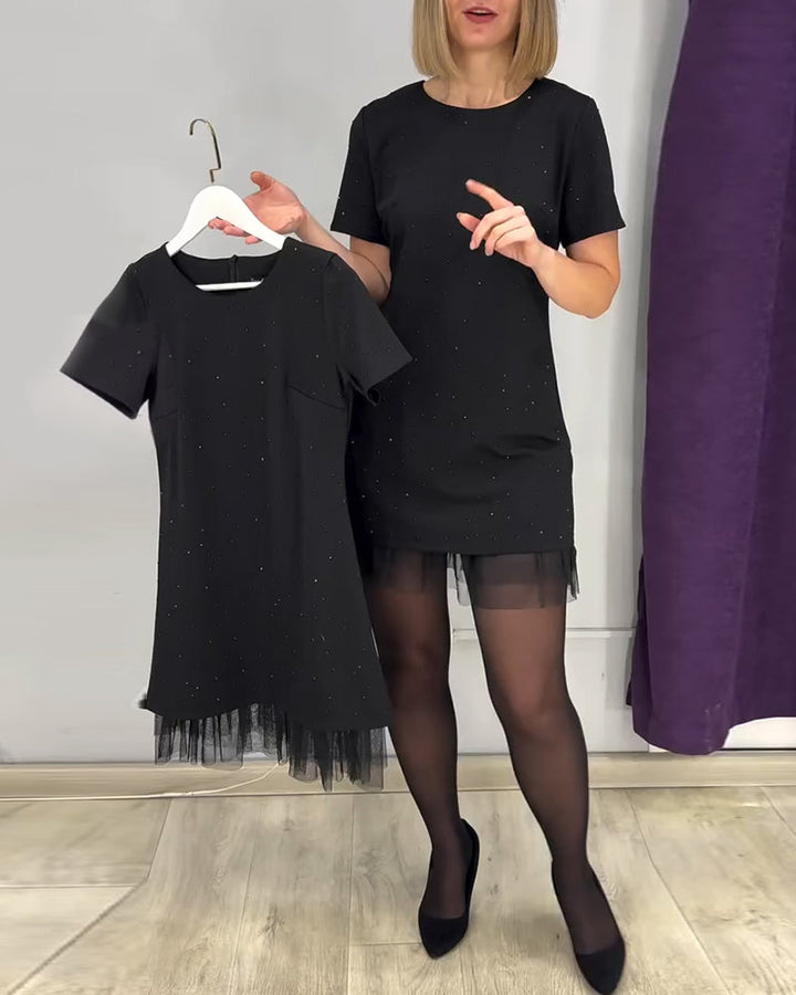 Korte Mouwen Jurk Met Strass-Patchwork