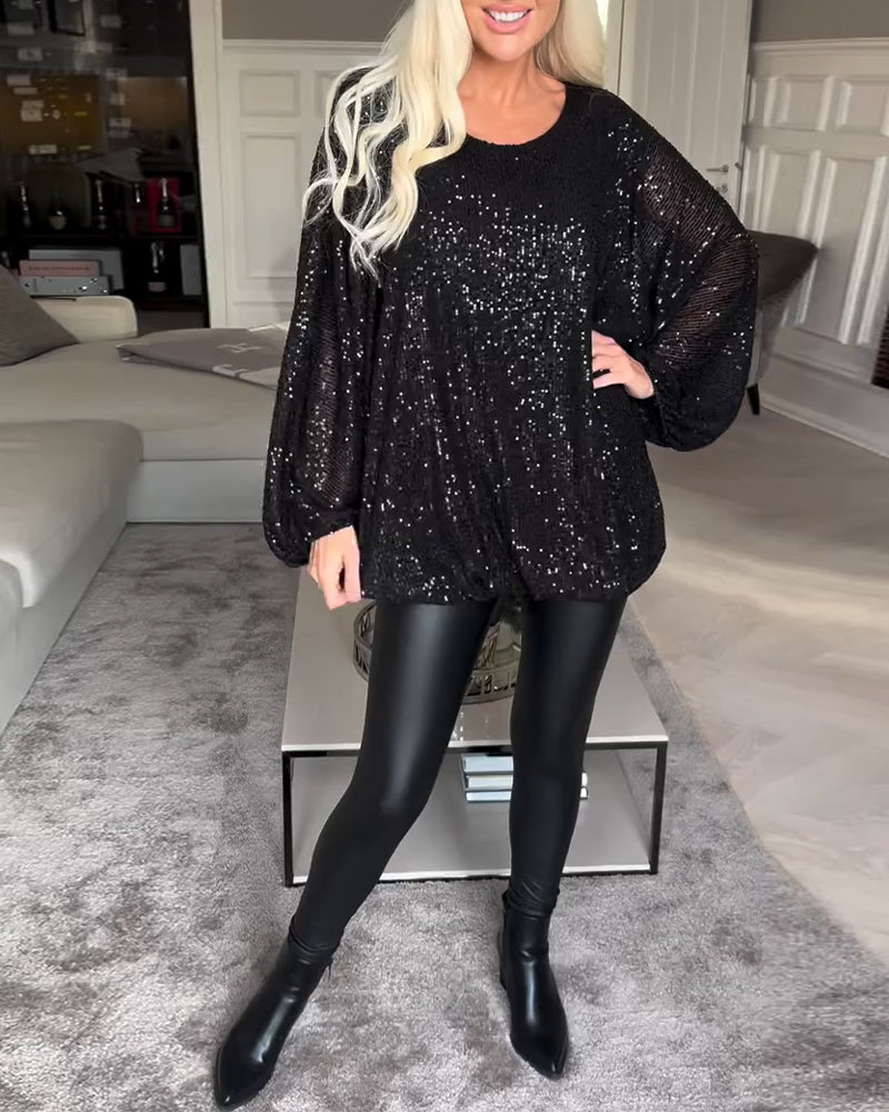 Pailletten-top met ballonmouwen en ronde hals