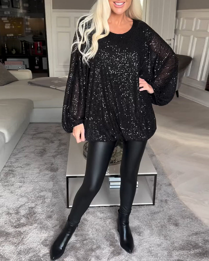 Pailletten-top met ballonmouwen en ronde hals