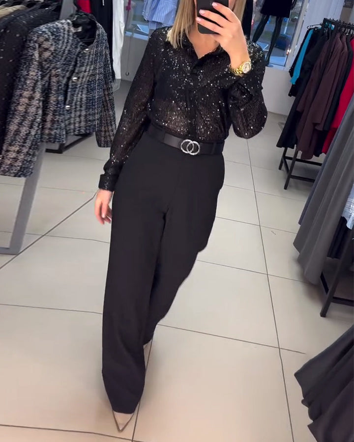 Hemd met knoop-down revers en pailletten