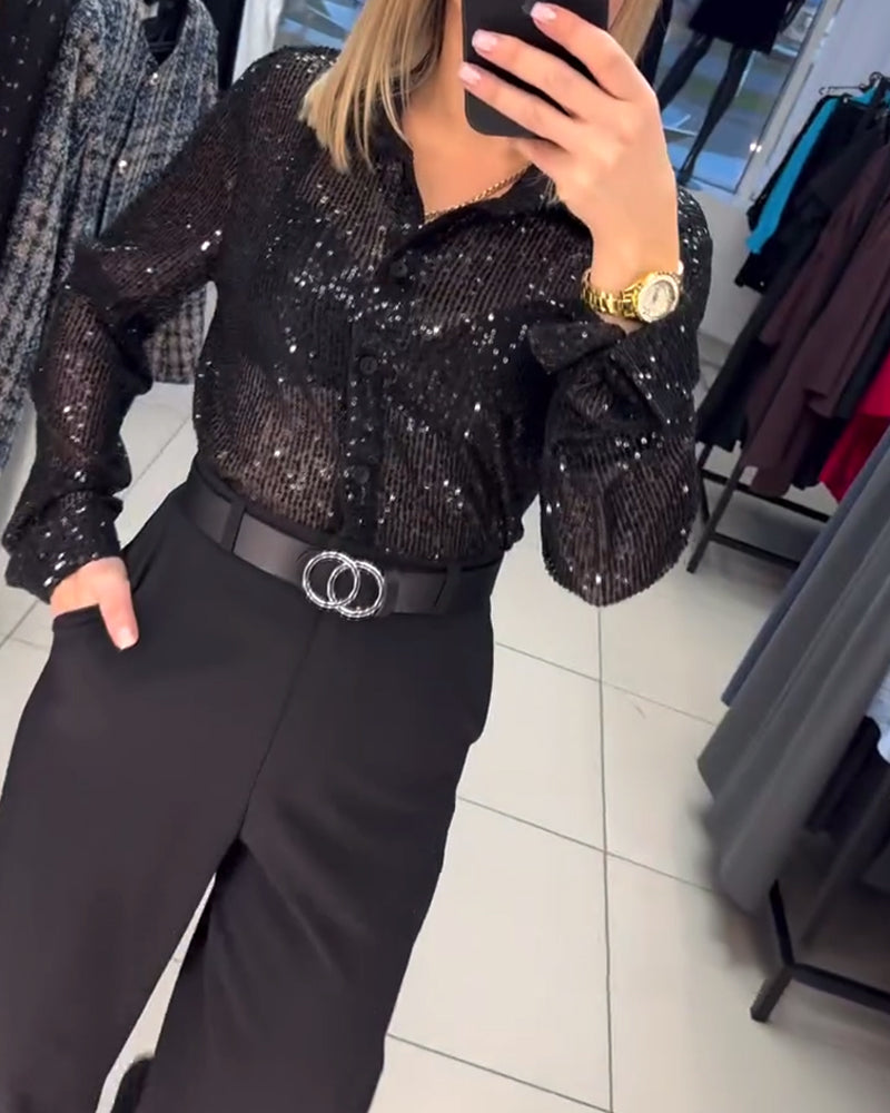 Hemd met knoop-down revers en pailletten