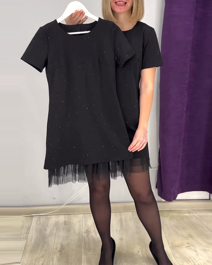 Korte Mouwen Jurk Met Strass-Patchwork