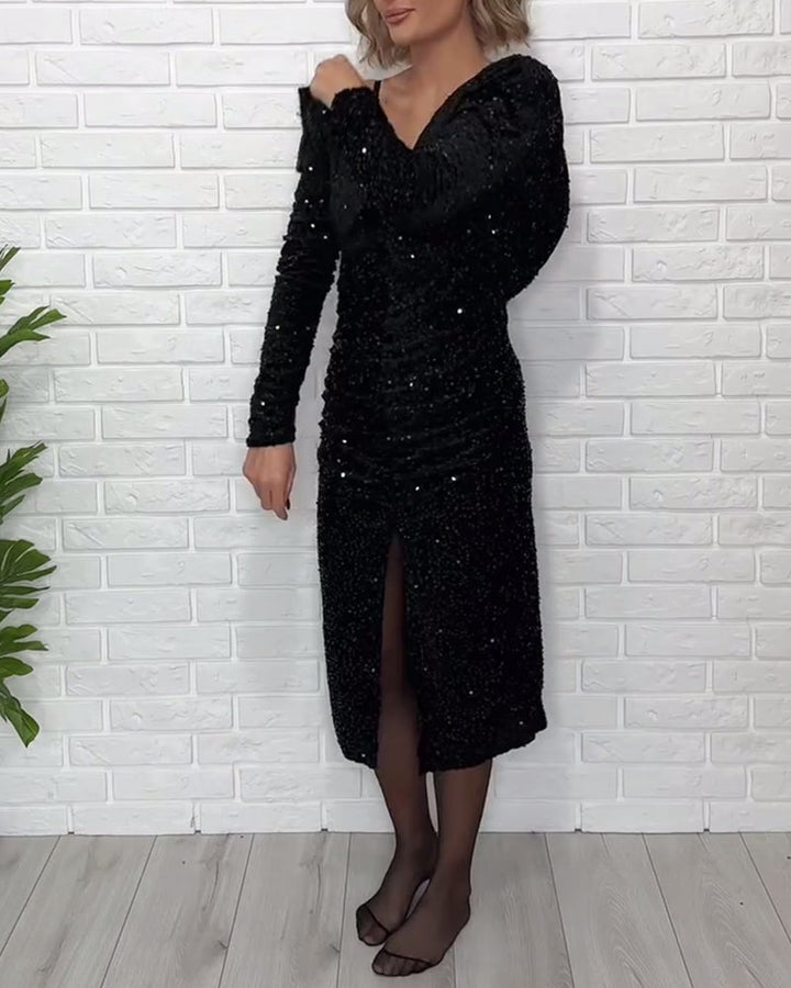 Kleed V-hals Pailletten Split Feest
