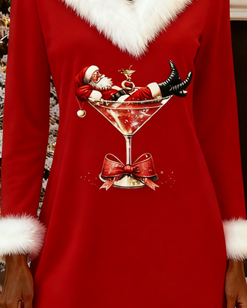 Jurk met Bontkragen Kerstprint