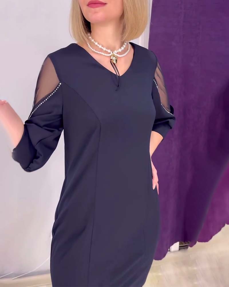 jurk Halve mouwen V-hals met strass-stiksel