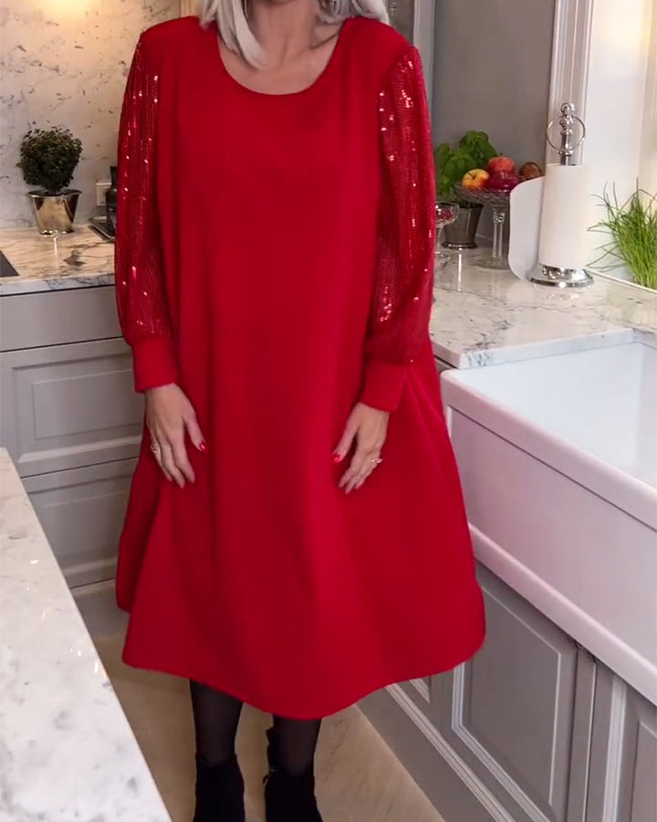 Modieuze, effen, lange mouw jurk met pailletten-patchwork