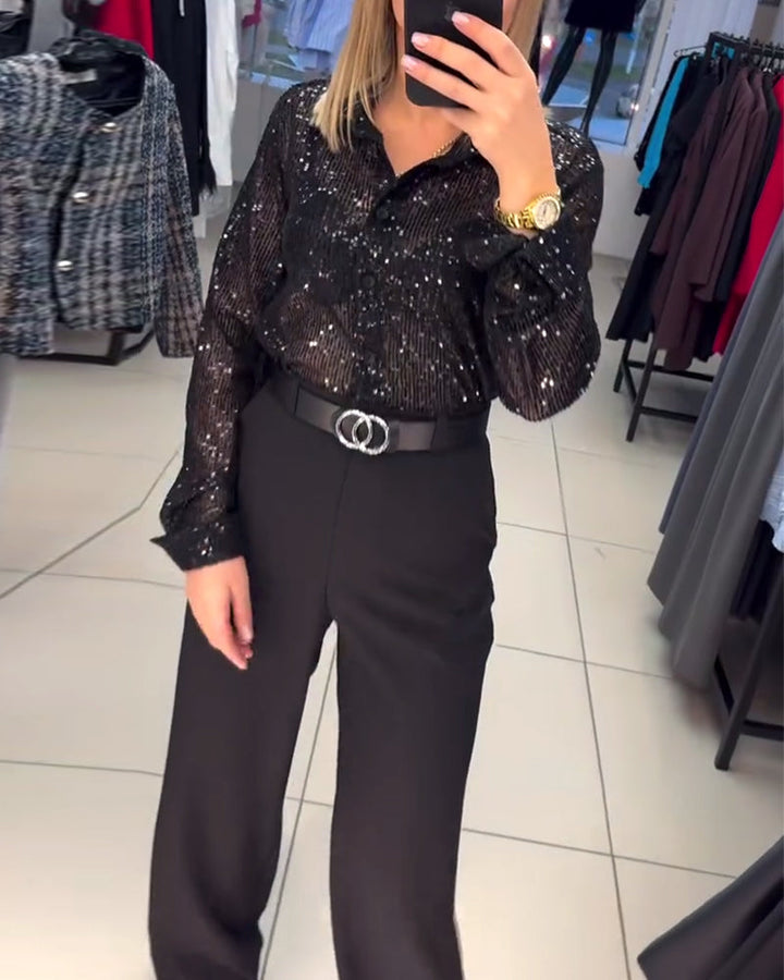 Hemd met knoop-down revers en pailletten