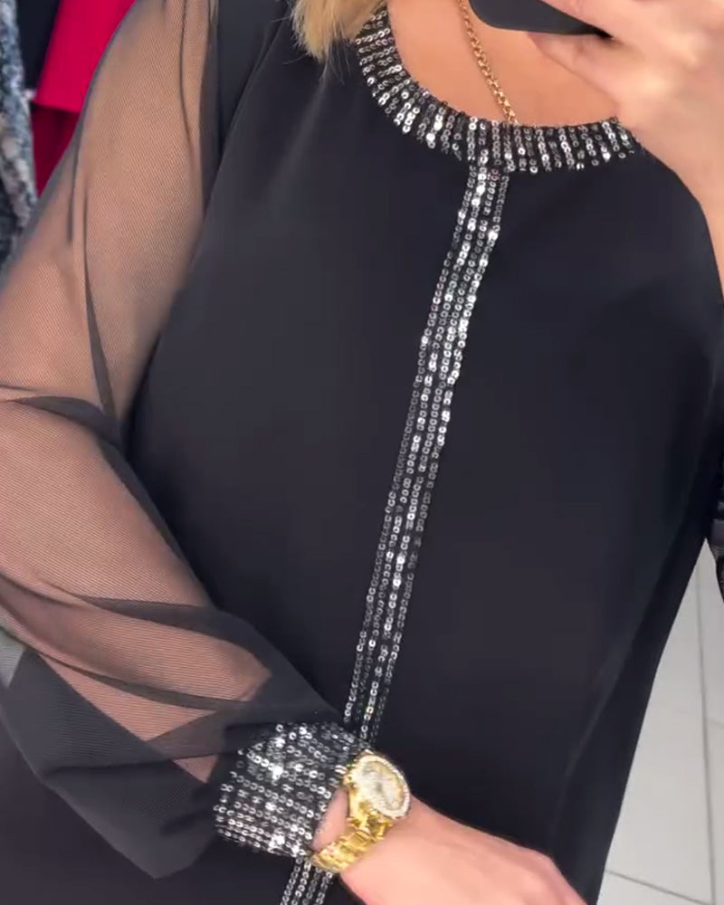 Blouse met Paillettenpaneel en Lange Mouwen