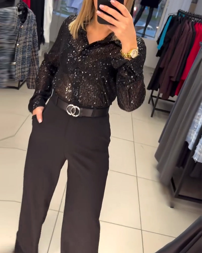 Hemd met knoop-down revers en pailletten