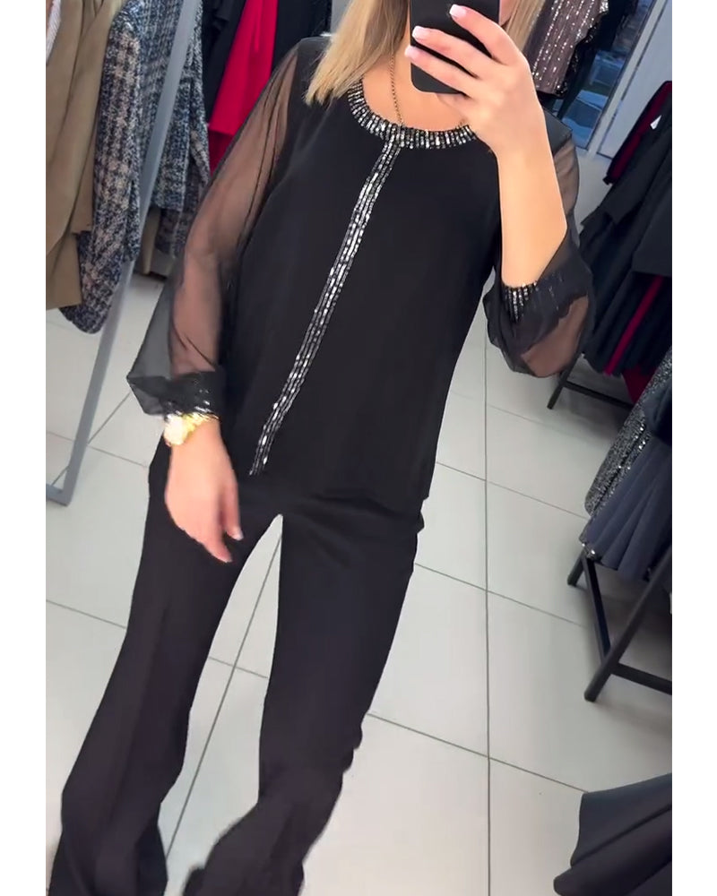 Blouse met Paillettenpaneel en Lange Mouwen