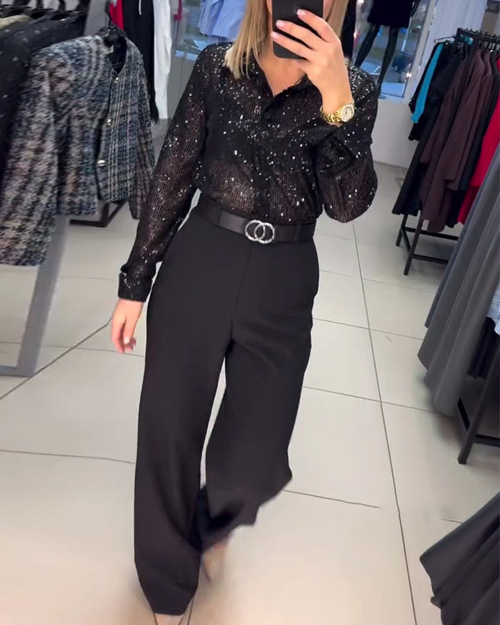 Hemd met knoop-down revers en pailletten