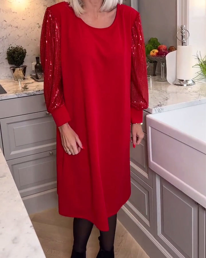 Modieuze, effen, lange mouw jurk met pailletten-patchwork