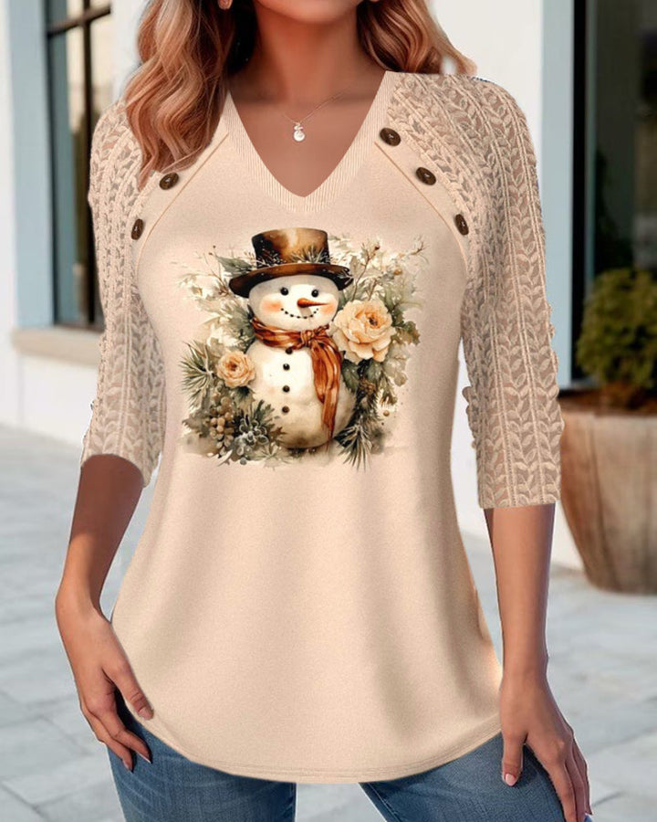 Casual top met V-hals en sneeuwman-print