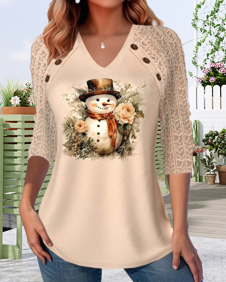 Casual top met V-hals en sneeuwman-print