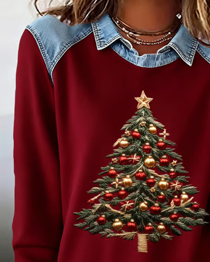 Sweatshirt van denim met patchworkdetails en kerstprint