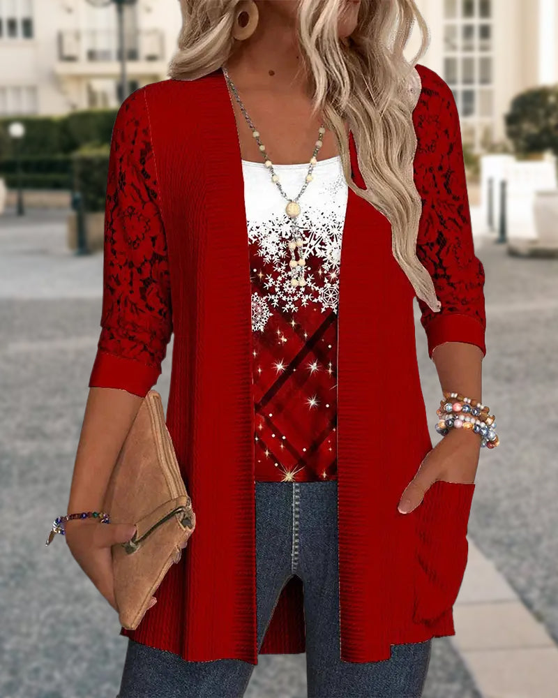 Gebreid top met print in nep-tweedeel ontwerp