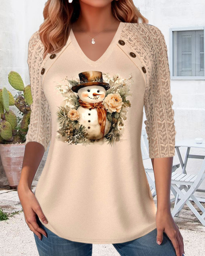 Casual top met V-hals en sneeuwman-print