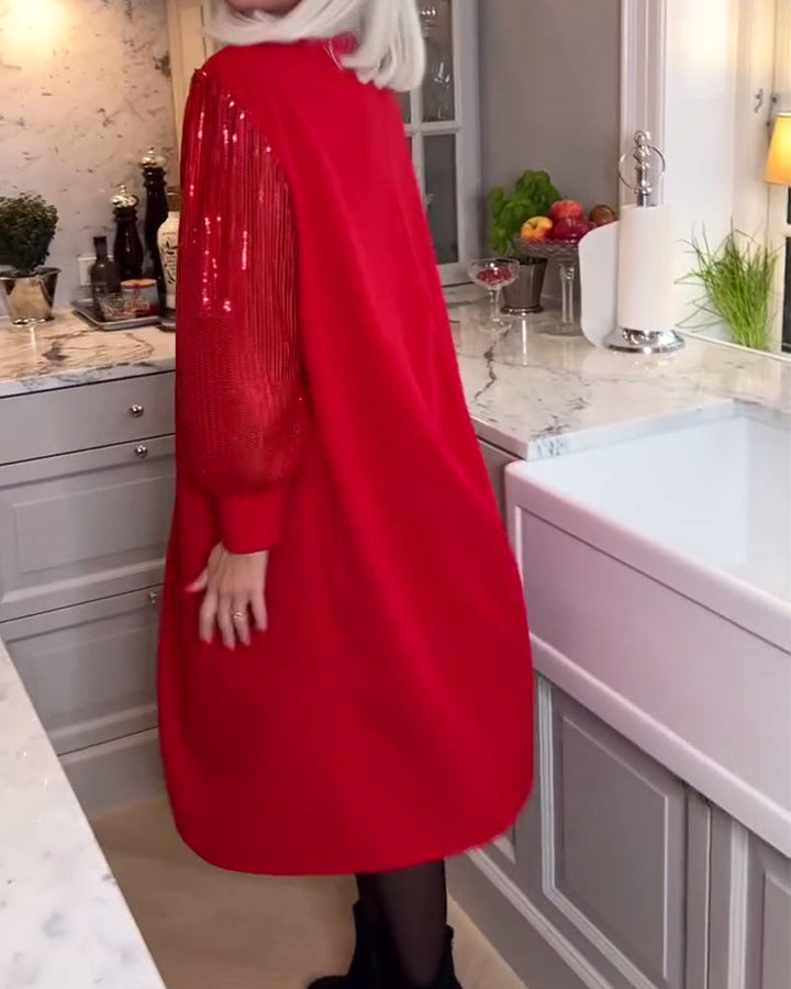 Modieuze, effen, lange mouw jurk met pailletten-patchwork