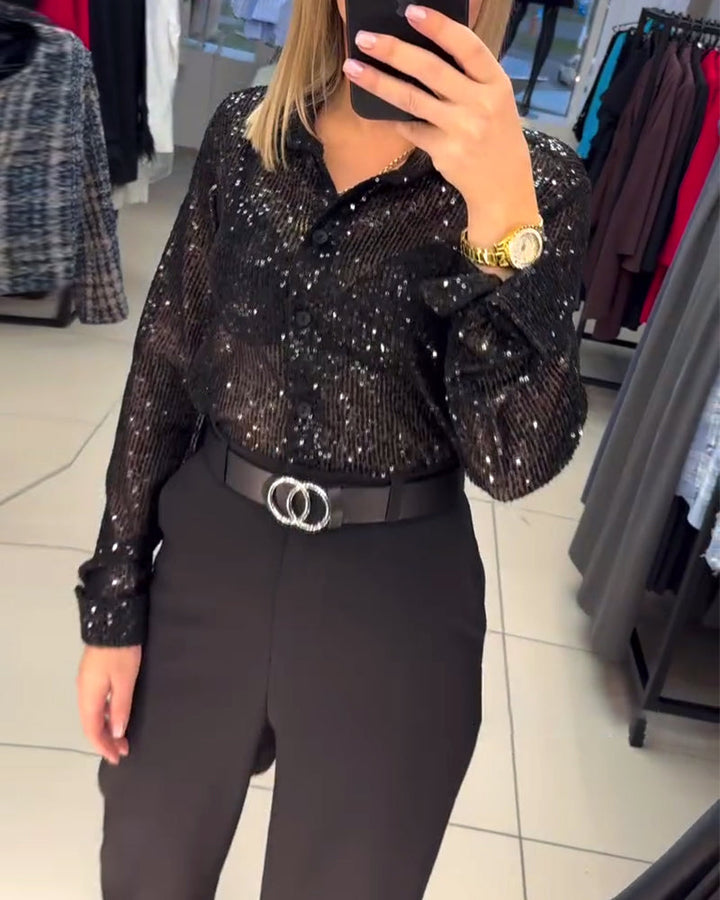 Hemd met knoop-down revers en pailletten