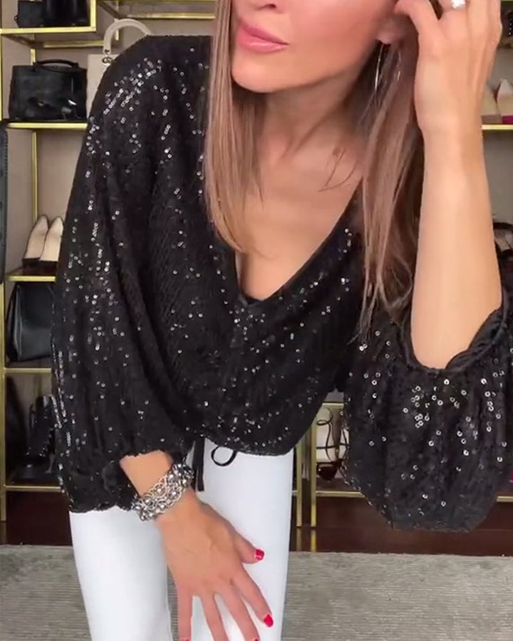 V-hals Shirt met Lanternmouwen en Pailletten